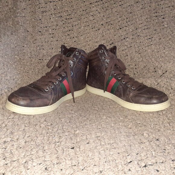 GUCCI-GG High Top 'Guccisima'-Brown Leather Hi-Top Sneakers-Sz 8.5-Excellent - Picture 4 of 11